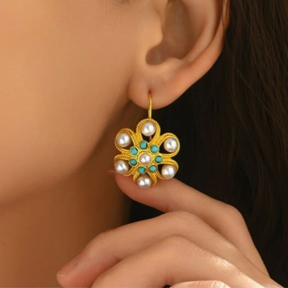Private Label Jewelry - NEW Petra 18K Gold Plated Imperial Pearl and Turquoise Ornate Drop Earrings